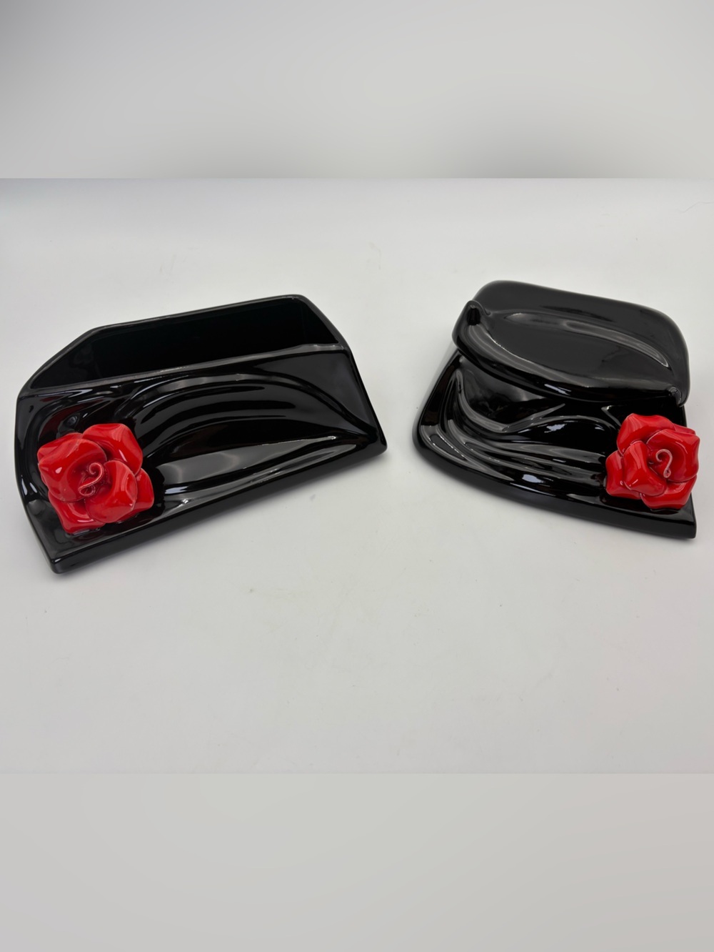 Art Deco Style Black Ceramic and Red Rose Lidded Box and Open Container